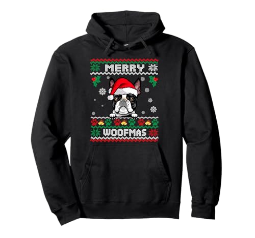Merry Christmas Woofmas Boston Terrier Dog Funny Ugly Xmas Felpa con Cappuccio