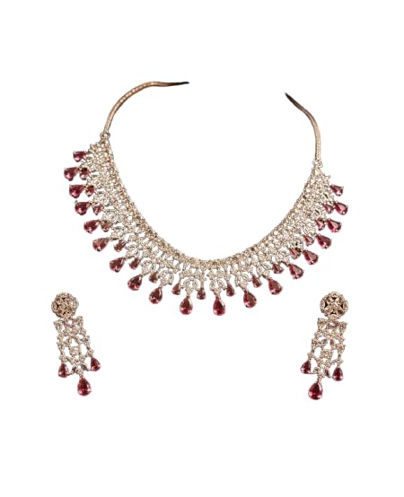 Bridal Necklace and Earring Set, Pink Crystal Drops, Gold-Tone, Indian Wedding Jewellery-picture-17