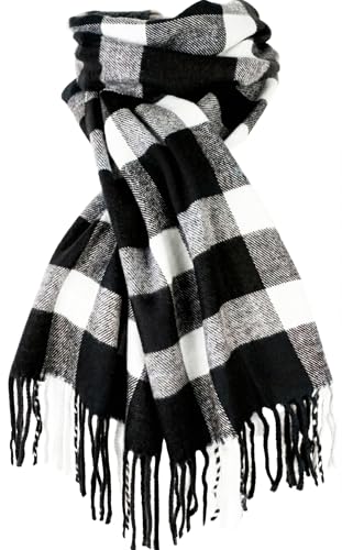 VIVIAN & VINCENT Super Soft Classic Scarf for women, Mens Warm Plaid Cashmere Feel Winter Scarf for Men Black White Buffalo Checker