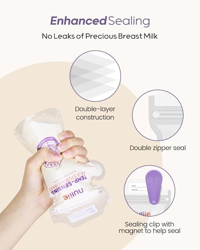 Miniatura 4 de Nuliie 150 Bolsas De Almacenamiento De Leche Materna Con Detección De Temperatura Con Abrazadera De Bloqueo, Bolsas De Almacenamiento De Leche Materna De 6 Onzas, Congelador Con Boquilla De Vertido,