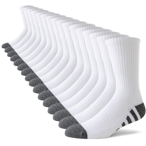 JOYNÉE 8 Pairs Mens Crew Work Cushion Socks Long Athletic Running Socks Workout Breathable Socks,White,Sock Size:10-13