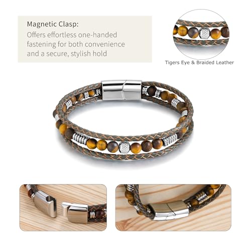 Pulsera trenzada marrón de cuero con ojo de tigre para hombre y mujer miniatura 3