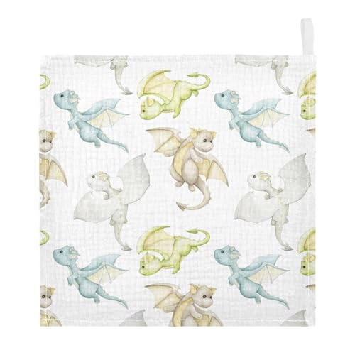Image of vvfelixl Watercolor Dragons Cartoon Style Baby Burp Cloths Baby Muslin Washcloths for Boys Girls Cotton Baby Face Towel for Newborn Infants Soft and Absorbent 11.8 X 11.8 in, 5 Pack