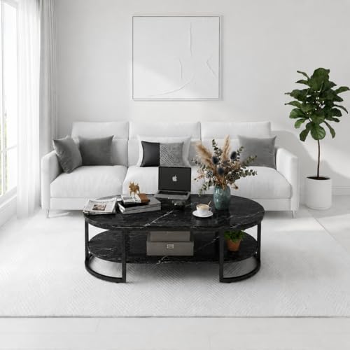 Image of NEST NATURE HAVEN Coffee Table for Office, Dining, Tea Room, Center Table for Living Room, Contemporary Simple Cocktail Table with Black Desktop and Black Metal Frame