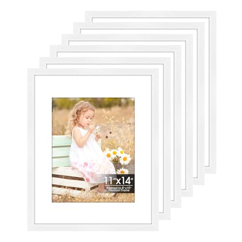 Image of 6 Pack 11x14 Frames, Mat for 8x10 Photos, Shatter HD Plexiglass | Removable mat fits two photo sizes, slim frame with stand for horizontal & vertical wall mount