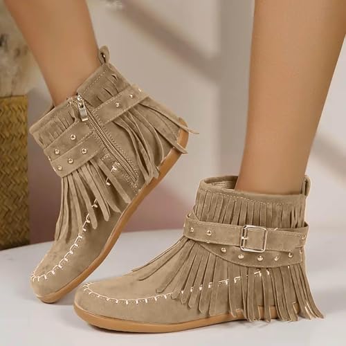 Women's Fringe Ankle Boots,Wide Width Round Toe Flats Suede Winter Boots Warm Fashionable Western Outdoor Short Booties Zipper Tassel Fashion Pull On Retro Low Heel Mid Calf Dress Shoes2