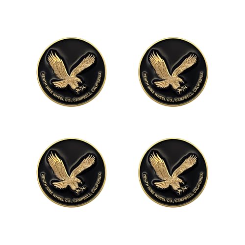 Image of Zenith Eagle Gold & Black Metal Wheel Chip Emblems (Set of 4) | 24K Triple Gold Plated Solid Metal Wheel Chip Emblems, 2.25 inch | for Lowriders with Recessed Knock Off Spinner Caps