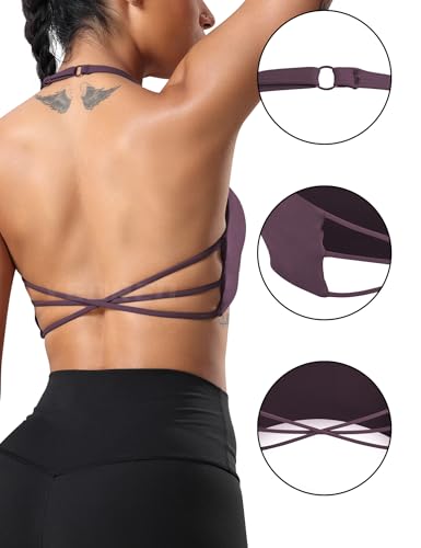 Image of YEOREO Women's Sports Bra Halter Workout Sports Bra Strappy Criss Cross Back Bra Removable Padded Yoga Crop Top
