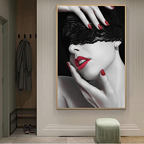 Portrait femme lèvres rouges toile salon 50x70cm
