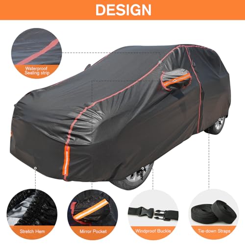 Image of Car Cover Waterproof All Weather, 6 Layers Full Exterior Covers with Zipper Cotton, Mirror Pocket. Outdoor Car Cover UV Snow Rain Wind Dust All Weather Outdoor Protection for SUV (185-190 inch)