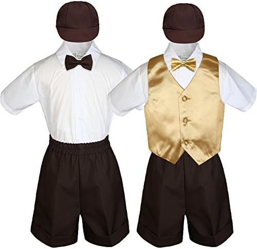 Baby Kid Toddler Boy Formal Suit Brown Shorts Shirt Hat Bow tie Vest Set Sm-4T (Large (12-18 Months), Mustard) image 5