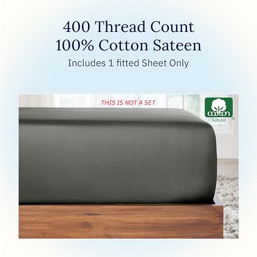 California Design Den Deep Pocket Fitted Sheet Only, Soft 400 Thread Count 100% Cotton King Sheet, No Pop-Off Elastic, Durable Sateen Weave (Grey)