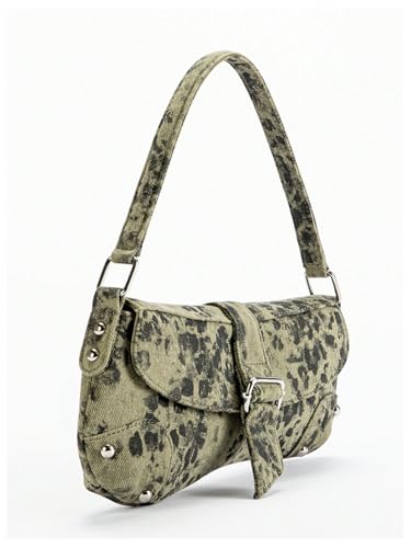 Image of QWINEE Women's Y2K Leopard Print Shoulder Bag Denim Handbags Retro Cheetah Purses Top Handle Buckle Clutch Underarm Bag