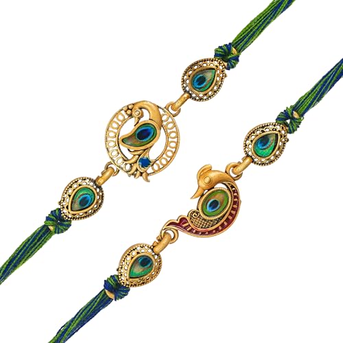 Image of eCraftIndia Beautiful Peacock Feather Designer Rakhi Set of 2 | Rakhi for Brother Bhaiya Bhai with Best Bro Ever Fridge Magnet | Roli Chawal Pack