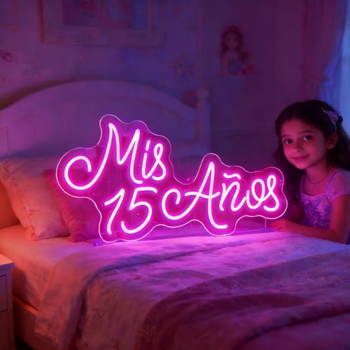 Image of XIMAQIS- Mis 15 Anos Neon Sign for Wall Decor, Custom 15th Birthday Party Led Neon Light, Mis Quince Party Decor, Sweet 15 Quinceanera Party Sign,Gifts - for Her USB Powered Size:19.5x10inch (Pink)