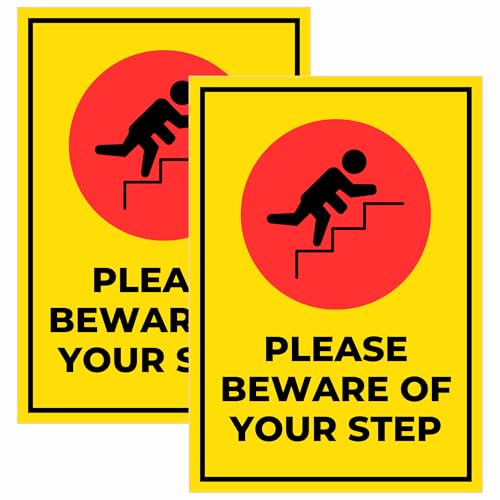 Image of BEWARE OF YOUR STEP Sign Board Sticker (20.5 x 14.5 CM) | Peel & Stick with 4 Pre-Made Holes | Waterproof Safety Warning Sign | Pack of 2 (BEWARE OF YOUR STEP, Medium -20.5 x 14.5 CM)