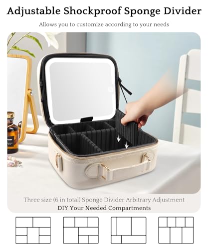 Image of MOMIRA Travel Makeup Bag Cosmetic Bag with Lighted Mirror, Adjustable Brightness in 3 Color Scenarios /Detachable makeup mirror, All-round Upgrade, Waterproof, Gift for Women -Khaki
