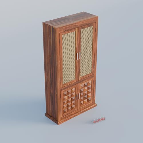 Image of Solid Wood Storage Cabinet with Cane Doors & Carved Panels | Modern Wooden Wardrobe Organizer for Living Room, Bedroom & Dining Room (Natural Finish)