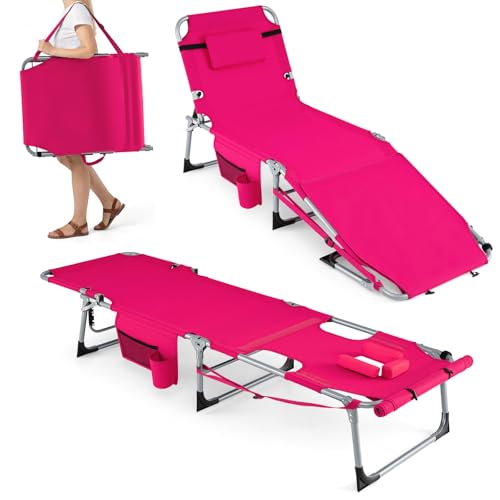 GYMAX Tanning Chair, 3 in 1 Sun Bathing Lounge Chairs with Face/Arm Holes & Side Pocket, Portable Lightweight Face Down Layout Tanning Chair for Outside, Beach, Backyard, Poolside (1, Pink)