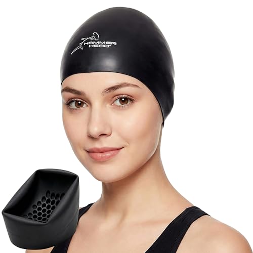 Hammer Head Swim Cap for Safety and Speed with Honeycomb Impact Technology - Reduce Frontal Drag - One Year No-Rip Guarantee (Black, Large)