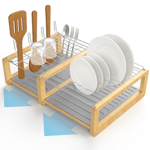 ArtyCozy Extra Large Stone Dish Drying Mat with Stainless Steel and Bamboo Rack for Kitchen Counter, Super Absorbent Diatomaceous Earth and Quick Drying Rack, 24.2