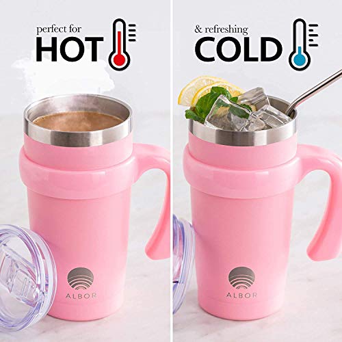 ALBOR Triple Insulated Stainless Steel Tumbler 20 oz Pink Coffee Travel Mug With Handle - Thumbnail 6