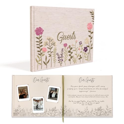 Linen Embroidered Photo Wedding Guest Book - Premium Hardcover Polaroid