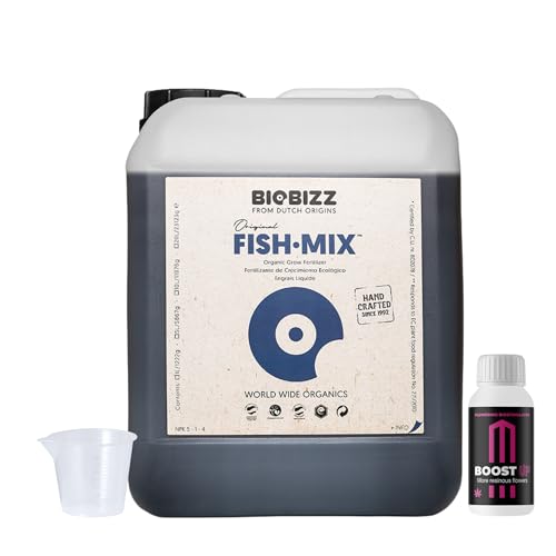 GROWMANIA Fish Mix de BioBizz 5 l + échantillon Boost Up Nutrients + Verre doseur | Engrais organique de haut volume | Pour grands jardins et potagers extensifs
