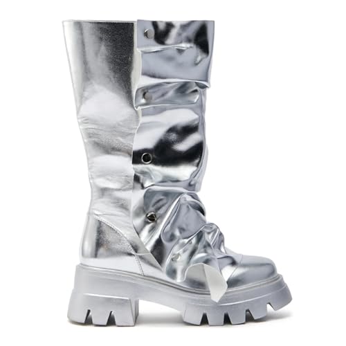 Women's Shin Metallic Fashion Buttons Long Boots Ladies Unique Wrinkled Chunky Sole Trendy High Boots