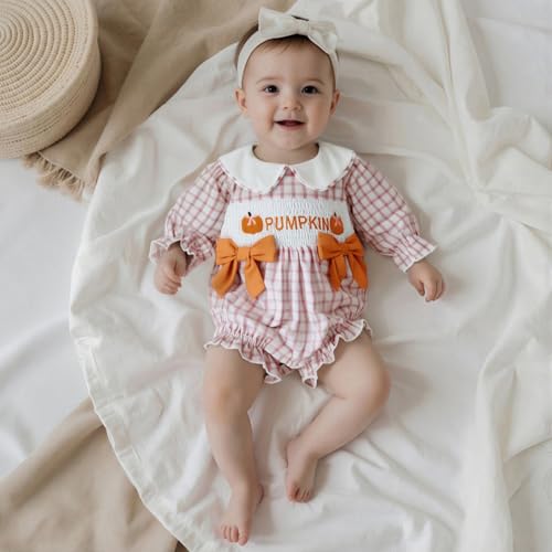 Baby Girl Halloween Outfit Pumpkin Long Sleeve Bubble Romper Bow Plaid Smocked Bodysuit Cute Newborn Fall Clothes3