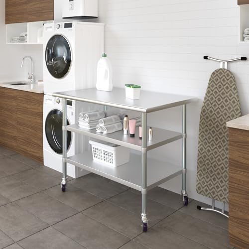 Image of AmGood Stainless Steel Work Table with 2 Shelves and Casters | Metal Utility Table On Wheels (Stainless Steel Work Table with 2 Shelves + Casters, 48 inch Long x 30 inch Deep)