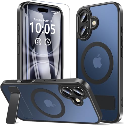 Fin2feel iPhone 17 ケース【MagSafe高速充電対応】ガラスフィルム &スタンド付き 米軍 MIL 耐衝撃認定 耐衝撃・指紋防止・黄ばみ防止 TPU+PC 素材 6.3 インチ専用(ブラック)