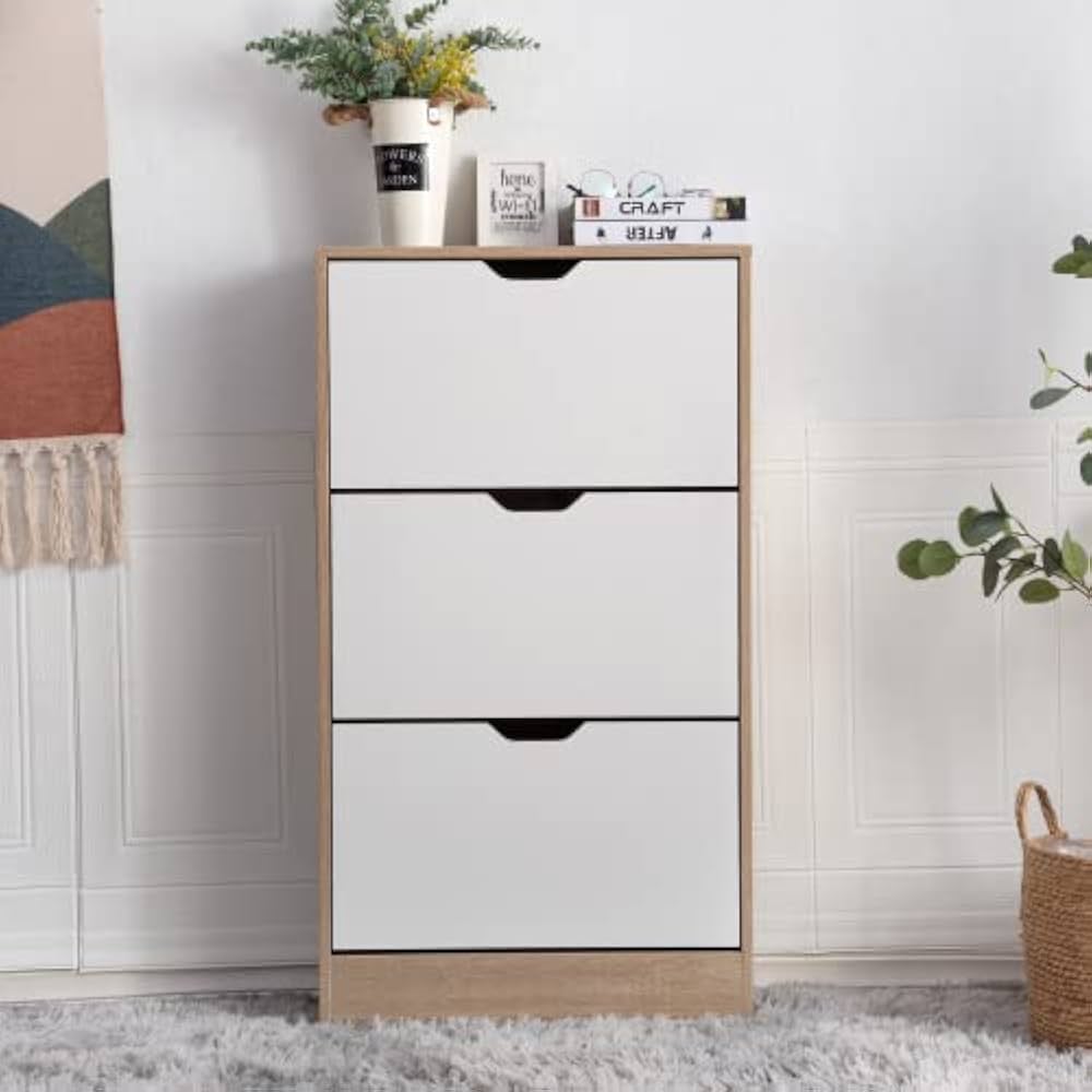 下駄箱 3段 シューズラック 玄関収納 引き出し ひとり暮らし スリム 靴収納 ラック 靴収納棚 おしゃれ (ナチュラル+ホワイト)