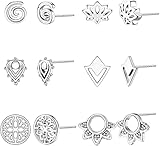 Minimalistisches Ohrringe-Set: Eine Bestellung erhalten Sie 6 Paar silberne Ohrstecker, darunter Lotusblüten-Ohrringe, geometrische Ohrringe, Tropfen- und Spiralohrringe. Verschiedene Stilrichtungen, schlicht und zart aussehend, klassisch und stilvoll.