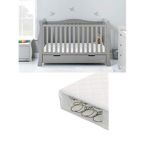 Image of Obaby Stamford Sleigh Luxe Cot Bed and Sprung Mattress - Warm Grey