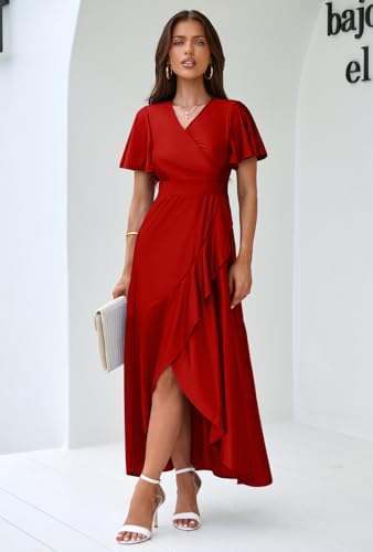 Image of Memoriesea Women's Elegant V Neck Ruffle Sleeve Wrap Bodycon Cocktail Maxi Dress Red