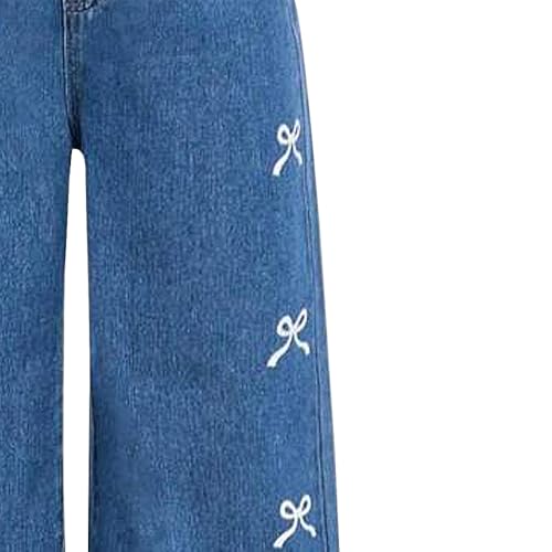 Girls Baggy Jeans, Bow Embroidered Wide Leg Pants for Girls, Casual Loose Fit Elastic Waist Denim Pants4