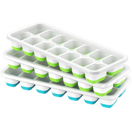 Image of ChefAide Ice Cube Tray with Lid, 3 Pack 42 Cubes Durable Stackable Ice Cube Trays for Freezer with Removable Lids, Easy-Release Plastic & Silicone Ice Tray for Cocktail, Coffee