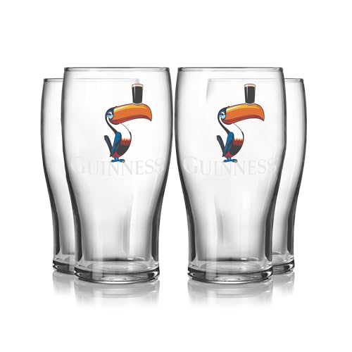 Guinness Gilroy Standing Toucan Pint Glass Gift Set – 4 Pack | Official Merchandise | 20oz Tulip Beer Glasses | Collectible Irish Pub Barware for Fans & Home Bars