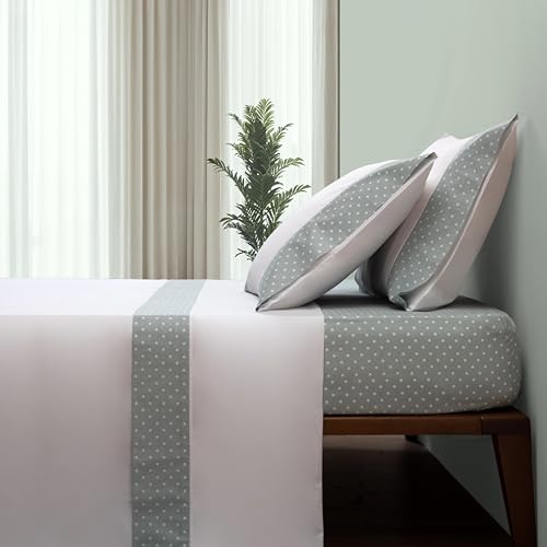 Casa da Laura - Juego de Sábanas 100% Algodón 180 Hilos Verde con Lunares – 709-180 Hilos - 100% Algodón - Cama 150/160 2 Almohadas 50 x 80 cm - Fabricado Portugal