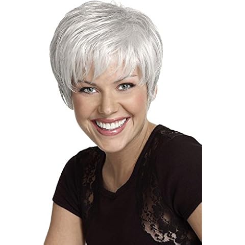 Royalfirst Short White Wigs for Women Synthetic Fluffy Layered Pixie Wig with Bangs Natural Looking Daily Party Costume Halloween Hair Wig Cover