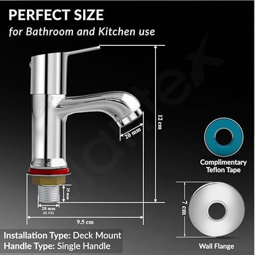 Image of Plantex Pillar Tap for Bathroom with Water Saving Aerator and Brass Spindle /Wash Basin Tap with Teflon Tape /Single Lever Water Tap - (Rio-Chrome)