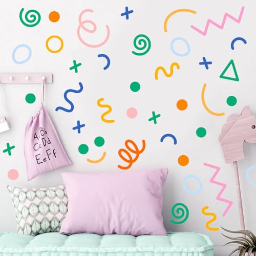 Vomika 80PCS Geometric Line Wall Decals, Self-Adhesive Irregular Abstract Shapes Wall Stickers, Colorful Geometry Triangles DIY Wall Art Decor, Polka Dot Vinyl Wallpaper for Nursery Bedroom Classroom