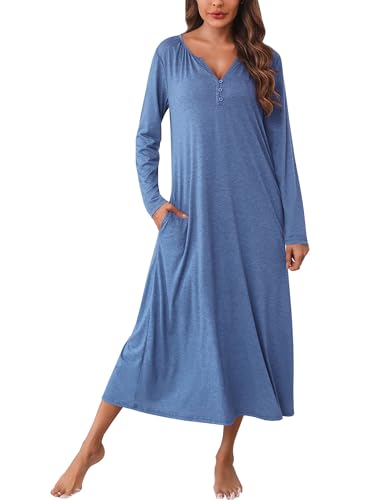 Marvmys Womens Long Sleeve Nightgown Cotton Long Nightshirts Henley Full Length Sleep Shirts with Pocket, Cobalt Blue, XX-Large