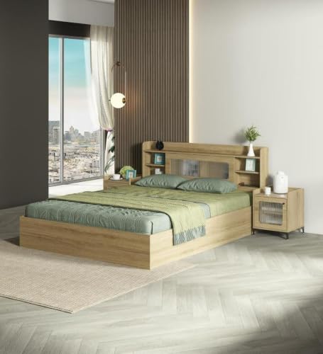 Image of Mintwud Pepperfry Engineered Wood Cavour Queen Size Bed with Box Storage and Open Shelves | Wooden Double Bed Cot Palang Furniture for Living Room Bedroom Home and Hotels (Santana Oak Finish)