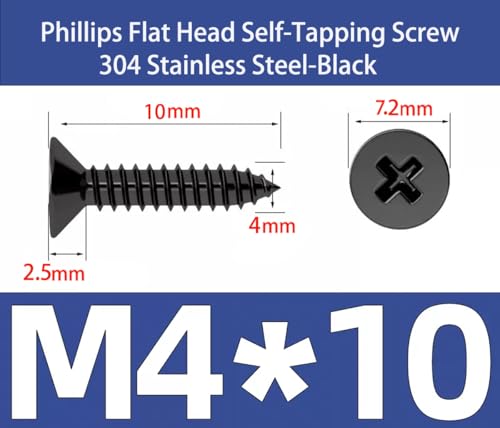 EBAIJQUO M4x10mm Phillips Flat Head Wood Screws Black Xylan Coated 304 Stainless Steel Self-Tapping Screws Full Thread for Wood/Sheet-Metal/Plasterboard(100pcs) - Image 2