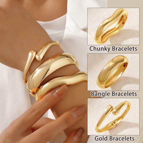 Chunky Gold Bangle Bracelets for Women, 14k Dainty Gold Cuff Stackable Bracelet Set, Trendy Bracelet Stack Fashion Jewelry Gifts4