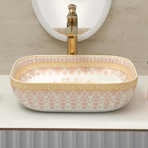 Image of Archstone Wash Basin for Bathroom-1 Year Warranty - Tabletop Washbasin - Ceramic Glossy Rectangle Designer Moroccan Countertop Vessel Sink, Dining Hall & Vanity 33x45x14.5 cm (Orange Moroccan)