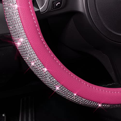 CAR PASS Diamond Pink Leather Steering Wheel Cover, with Bling Crystal Rhinestones Universal Fit 14" 1/2-15" Crystal Glitter for Women Sparkle Girl Fit Suvs,Vans,Sedans,Cars,Trucks, Pink Diamond by CAR PASS - Image 6