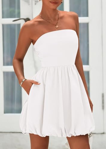 PRETTYGARDEN Women's Bubble Mini Short Dress 2025 Summer Casual A Line Strapless Tube Top Sundress Trendy Smocked Dresses3